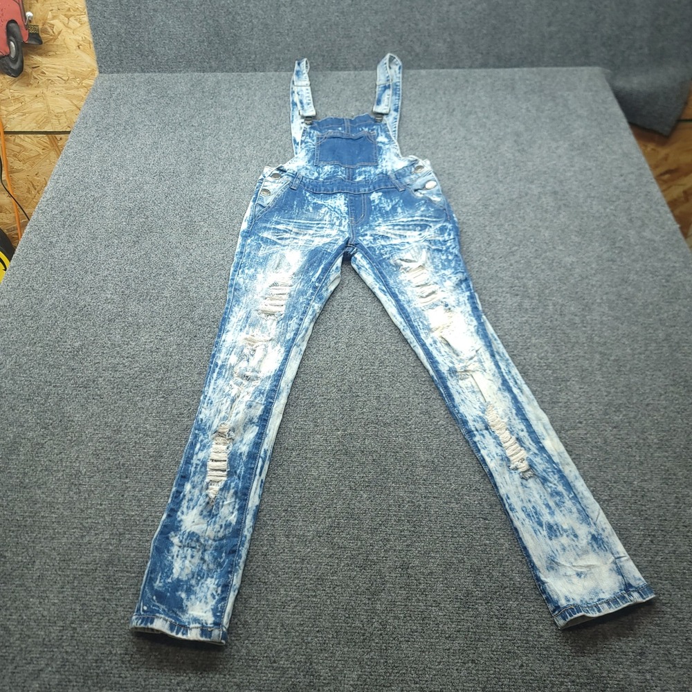 VIP Jeans Acid Wash Distressed Denim Overalls Skinny Leg Blue Womens 3/4